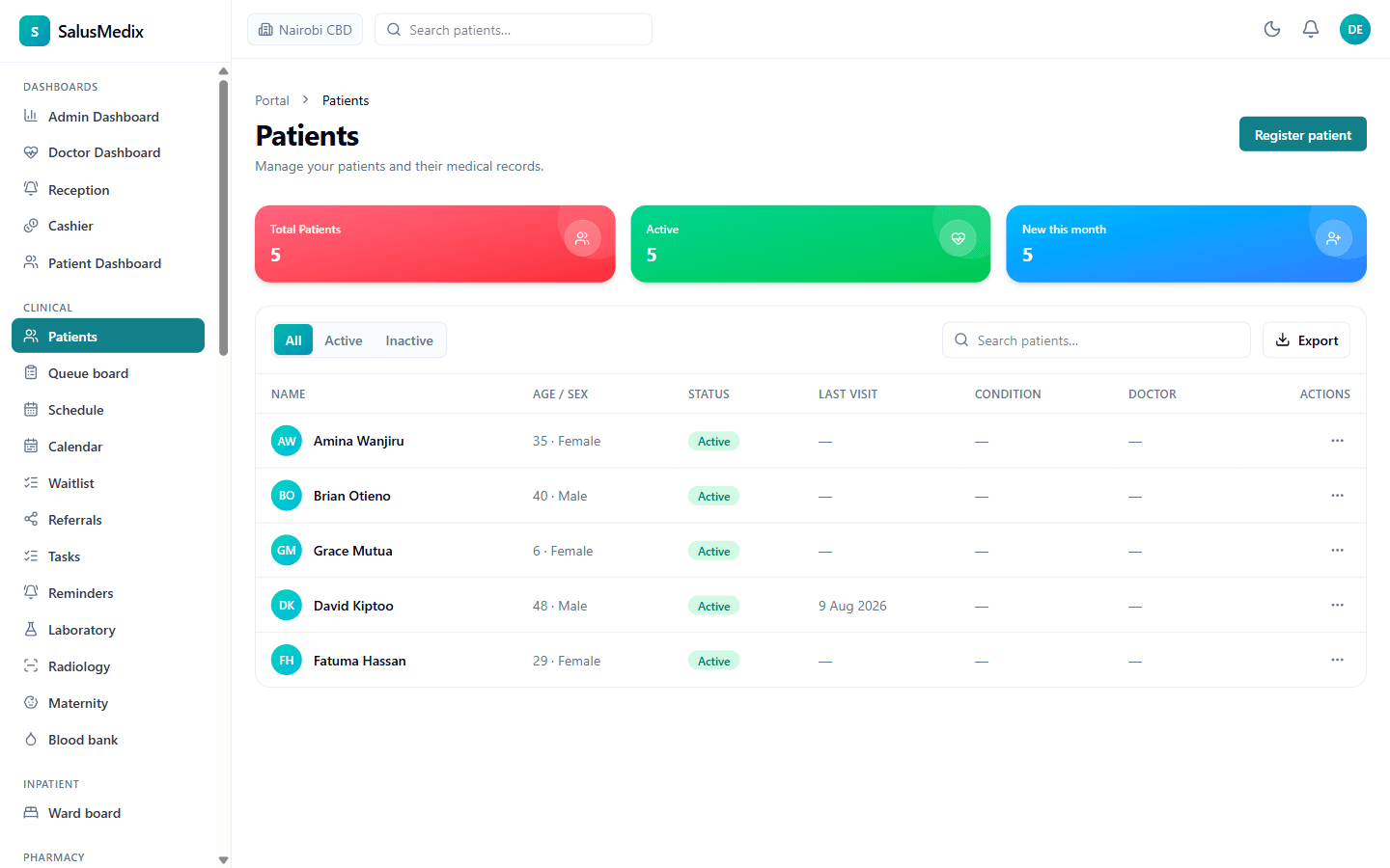 SalusMedix patient list for a demo clinic